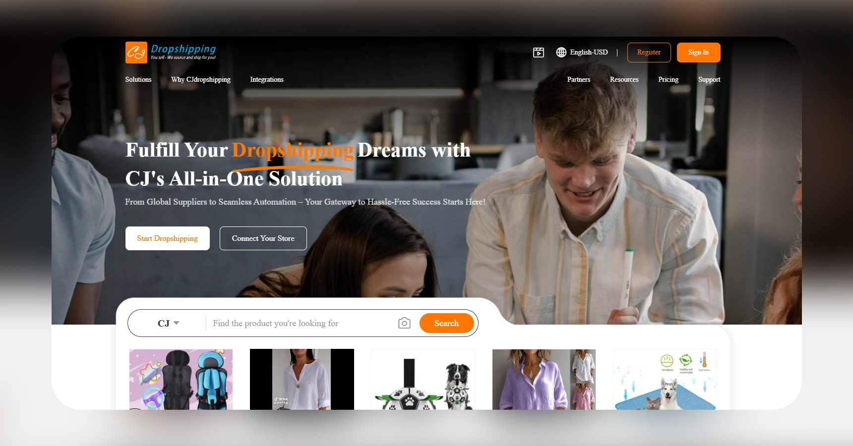 Screenshot of the CJ Dropshipping's homepage for the Best dropshipping websites article
