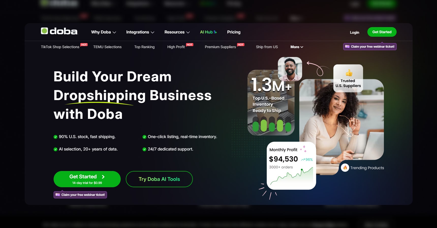 Screenshot of the Doba's homepage for the Best Dropshipping Sites article